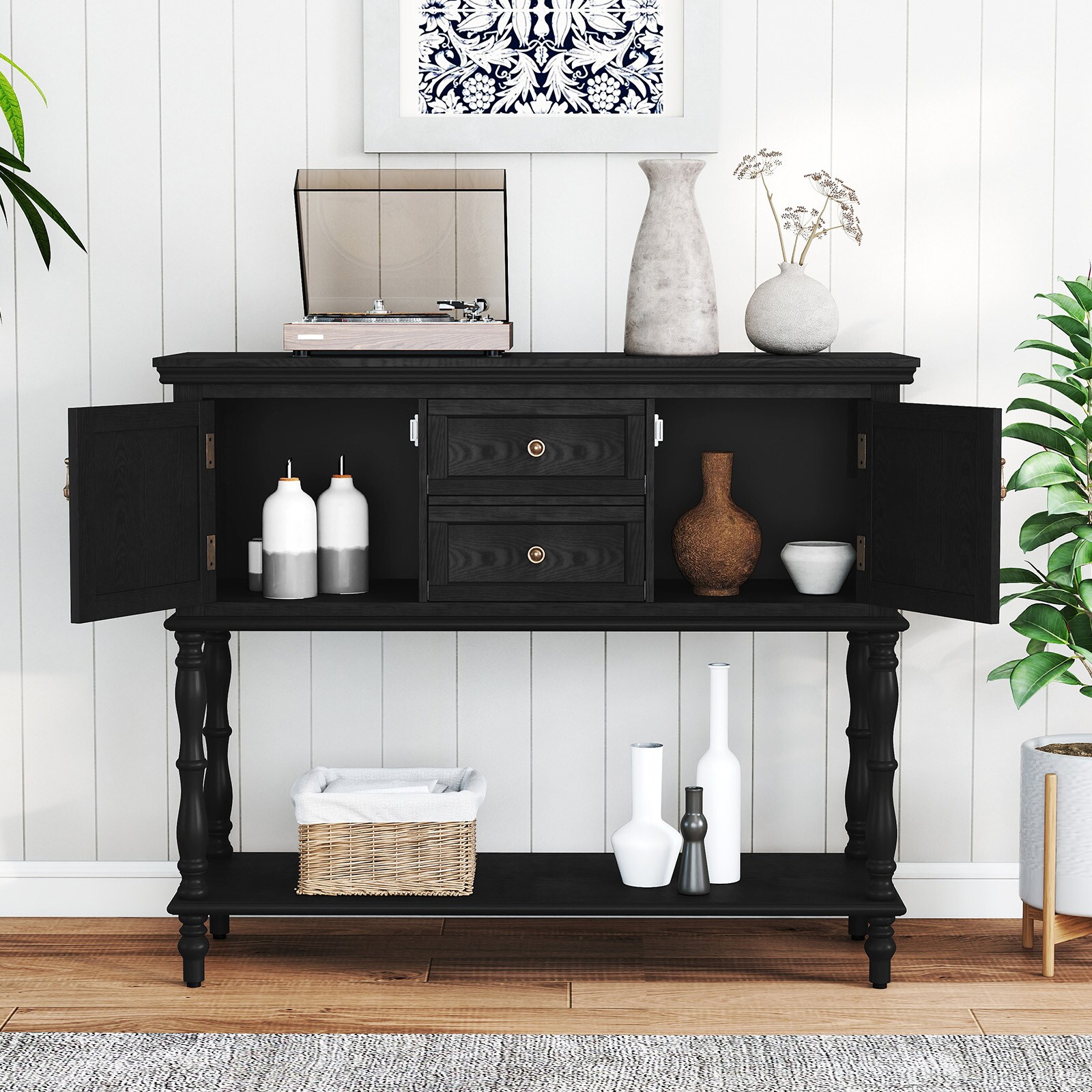 Retro Console Table With Storage, Narrow Entryway Table With 2 Drawers And 2 Door Cabinets, Long Sofa Table Behind Couch For Living Room, Foyer, Black_maomaolike.com